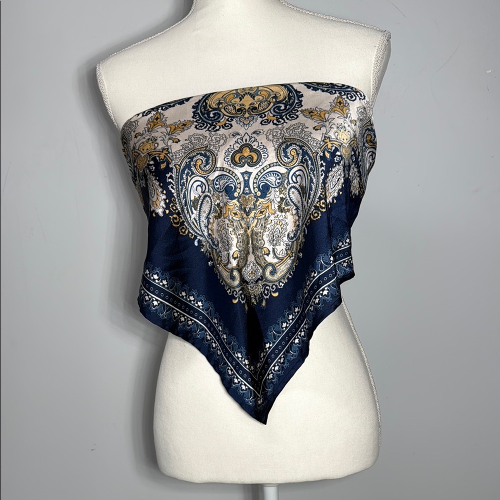 Satiny Bandana Tube Top Navy Gold Paisley Scarf Tie Back Size Medium Smocked